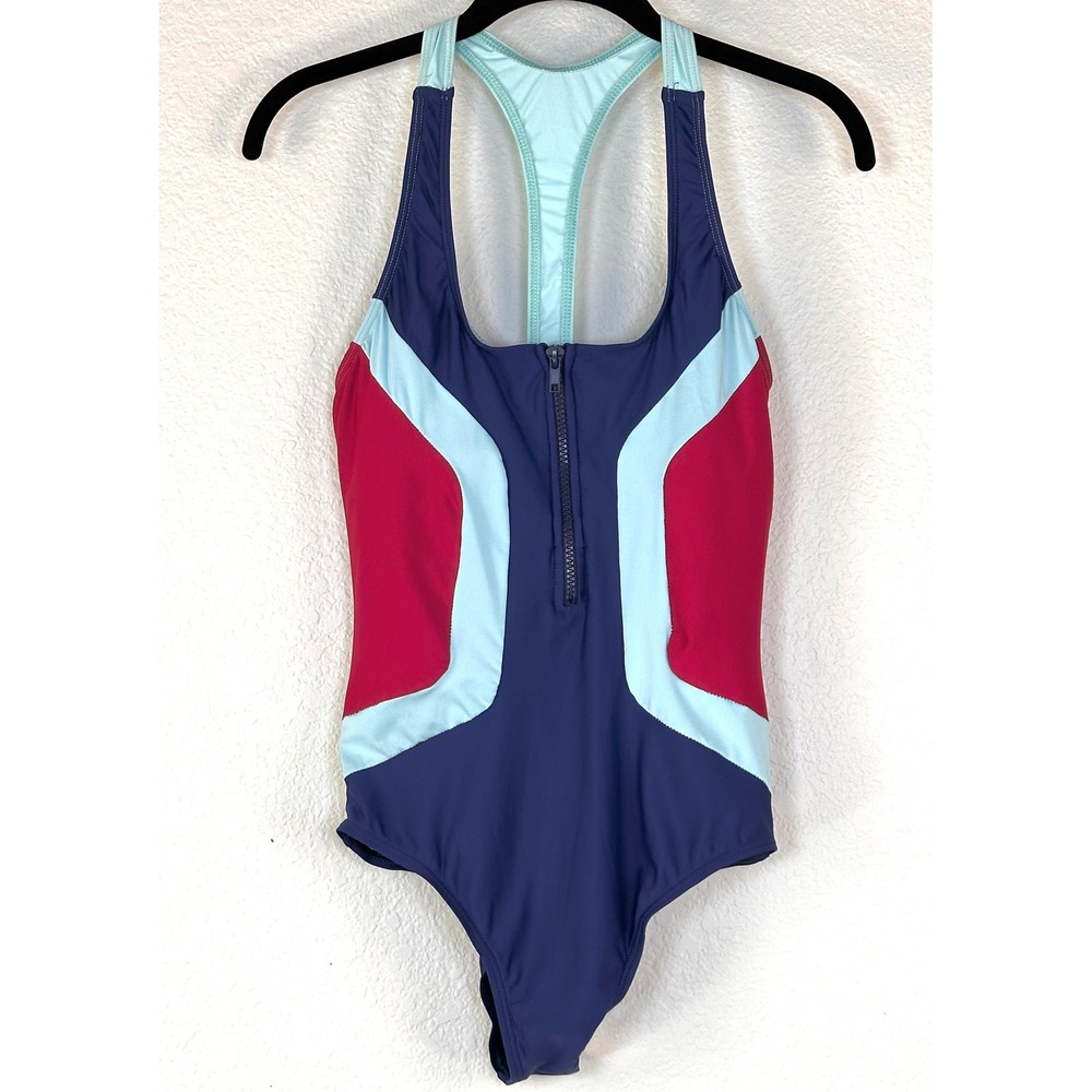 Next By Athena One Piece Swimsuit Colorblock Zip Front Racerback Athletic Padded